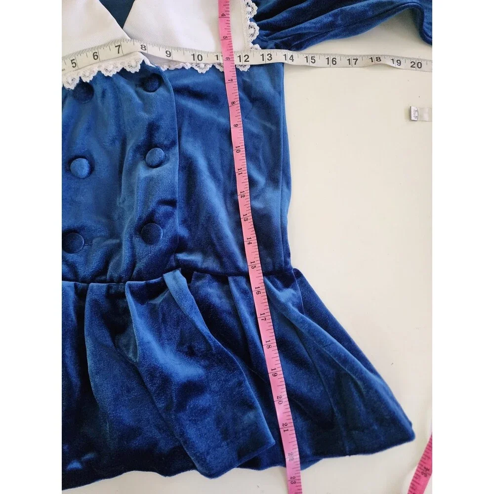 Vintage 80s 90s Royal Blue Velvet White Collar Girls Dress Victorian Style 7P